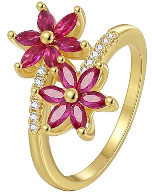 Tolldek Bague de mariage en or jaune Au375/585/750, pour couple, fleurs avec laboratoire, rubis taillé marquise, rose rouge, bague de fiançailles 9 K/14 K/18 carats, taille 47-65, Or jaune 9 carats