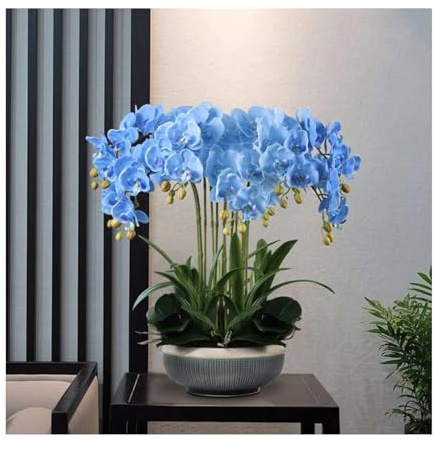 Orchidee Artificiali con Vaso in Ceramica, Piante finte in Seta, Fiori Finti, centrotavola, Decorazione per Interni (Blu)