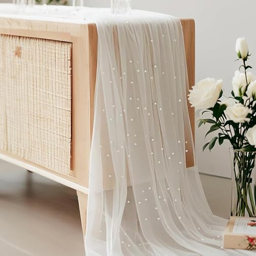 YUZHEDM Tischläufer Hochzeit Perlentüll 80 x 300 cm, Tischläufer Weiß Tisch Deko Hochzeit Deko Elegant Romantisch Verwendbar als Tischdecke Hochzeitsbogen Stuhllehnendekoration Party-Hintergrund