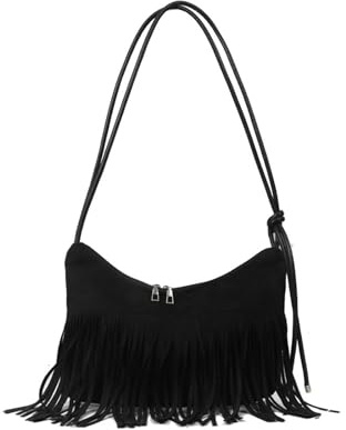 CORIOS Bolso de Mano con Borlas para Mujer Retro Flecos Bolso de Hombro Bolso de Bandolera de Ante Western Flecos Monedero Retro Elegante Bolso Cruzado Hobo Tote para Viajes Compras Trabajo Negro