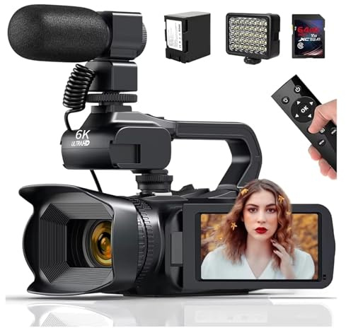 YVAAASIYC Videocamere HD 6K for la fotografia, webcam professionale WiFi da 64 MP, videocamera for streaming live, visione notturna, videocamera for vlogging(With fill light mic)