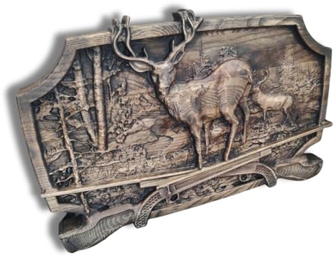 Rilievo cervo con fucili dipinto scultura da parete in legno cacciatore (80)