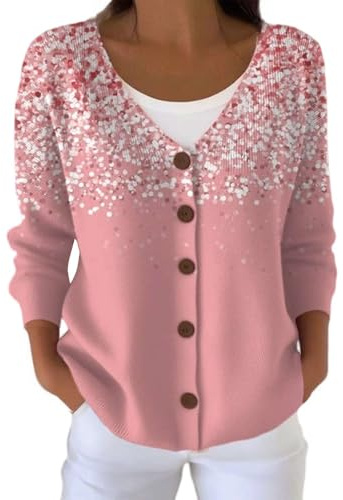 Pull Femme Chic et Elegant Cardigan Ruban Rose Cancer du Sein Sweat Automne Gilets Manche Longue Cachemire Hiver Pulls en Tricot Leger Grande Taille Gilet Cachemire Sweater de Noël Bouton Ouvert