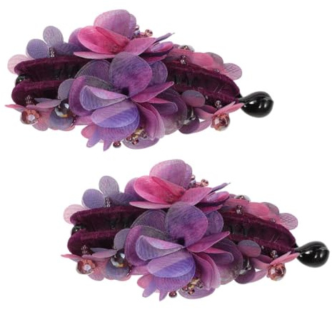 LALADEFIEE 2 Stück Bananenclip Für Dickes Haar Stoffblume Haarklammer Pferdeschwanz Zopfhalter Damen Purpurrot Mit Perlen
