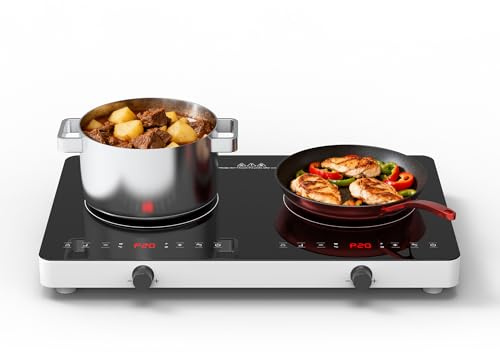 GTKZW Plaque Induction 2 Feux 3600W, Plaque de Cuisson Électrique 57cm avec Commande Tactile et Molette, 20 Niveaux, Sécurité Enfant, Réchaud pour Cuisine et Appartement