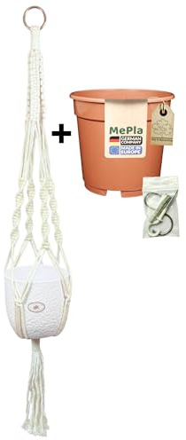MePla – set – trafikljus makramé naturlig beige + SK Soendgen keramisk ytterkruka Boston ø14 vit + odlingskruka ø13, högkvalitativ levande atmosfär