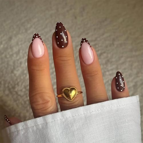 Xanthelle Press-on Nails, korta pressade falska naglar och självhäftande falska naglar, mörka naglar med fransk design, ljusstarka artificiella naglar, 24 stycken