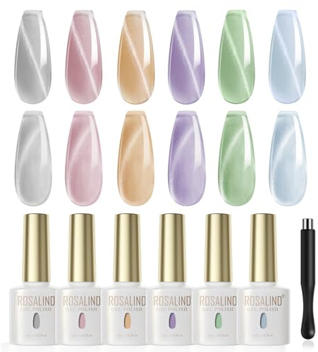 ROSALIND UV-nagellack, kattögon, 6 färger, silver, naken, blå, grön, violett, kristaller, magnetisk gel, nagellack, kattöga med magnet, blötläggning, gel, nagelpolish, kattunge, gellack, manikyr