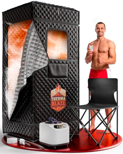 THERMA BLAZE - Bärbar bastu för hemmet 1200W - 3L ånggenerator och 9 nivåer - fjärrkontroll - bärbar torr bastu hopfällbar 180 x 80 x 80 cm, bärbar bastu med stol, matta och handduk