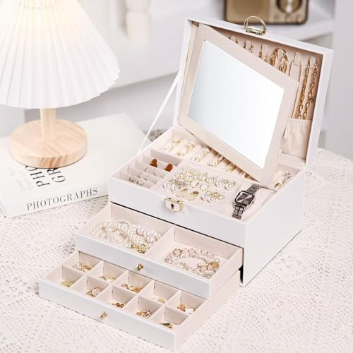 Joyeros Mujer,3 Capas Caja Joyero Espejo y Cerradura,2 cajones,Caja de Joyas Organizador de Joyas de Cuero PU,Caja de Almacenamiento de Joyas para Pendientes, Anillos, Aretes, Pulseras y Collares