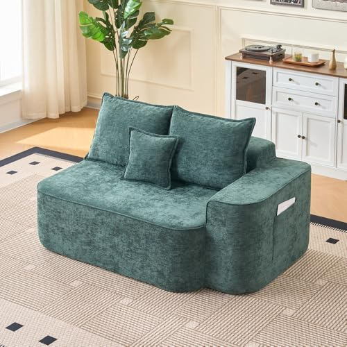 MUZHIXIANG Chaiselong utan montering med kudde mjuk soffa med sidofickor för vardagsrum komfort avkoppling (Green-R)