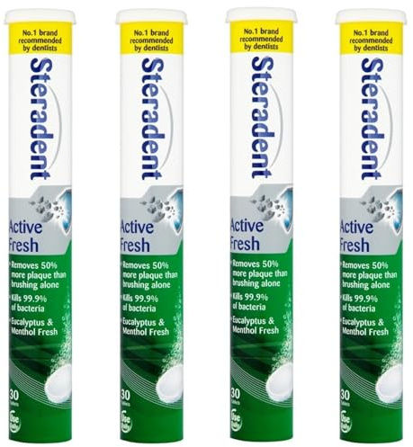 Steradent Four Packs of Active Fresh Denture Cleaning- 120 Tablets, False Teeth Cleaner, Retainer, Denture & Mouth Guard Sterilising Tablets, Multipack Bundle for Fresh Hygiene and Stain Removal