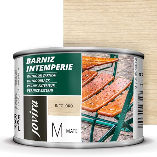 JOVIRA PINTURAS Barniz Madera Intemperie |375 ml| Decora y embellece todo tipo de maderas al exterior, mesas, sillas, muebles, barcos, terrazas. (375 Mililitros, Mate) K-19