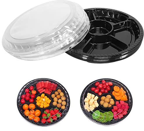 mwellewm 10 Pcs Round Plastic Appetizer Tray with Lid Divided Serving Tray, Disposable Food Storage Containers, Plastic Tray Storage, Kids Snack, Fruit Platter Vegetable Trays for Party and Buffet