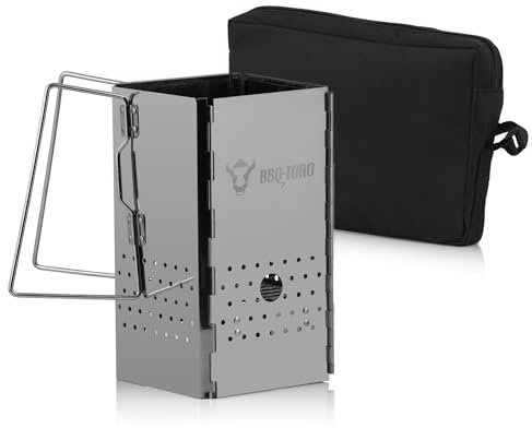 BBQ-Toro Caminetto di accensione pieghevole in acciaio inox con manici | 16 x 16 x 29 cm | Caminetto pieghevole con borsa per barbecue, campeggio, giardino, festival | Accessori per griglia