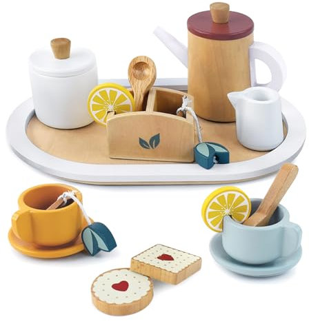 Little Log Teeset aus Holz für kleine Mädchen, Holzspielzeug für Kinder, Rollenspiel, Teeparty-Set, Kinderküchenzubehör mit Spielnahrung für Mädchen, Jungen, Kleinkinder ab 3 Jahren