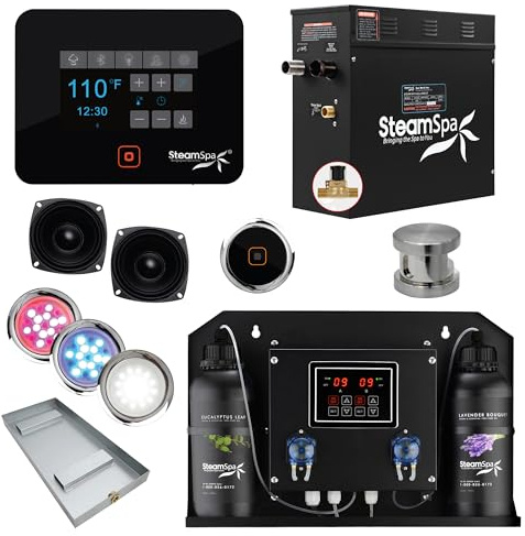 SteamSpa Steam Shower Generator Kit | Brushed Nickel + Auto Drain Combo| Dual Bottle Aroma Oil Pump | Steam Sauna Spa Stall Package|Touch Screen Wifi App/BT Control Panel |9 kW Raven | RVB900BN-ADP
