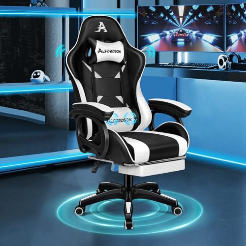 ALFORDSON Gamingstuhl, Bürostuhl, mit 2-Punkt-Massage, Fußstütze, Kopfstütze und Lendenkissen, 150° verstellbare Rückenlehne, PU-Leder, Weiß