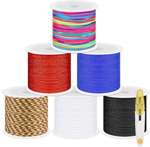 Swpeet 7Pcs Multicolor 0.8mm 55Yards Nylon String Kit mit Schere, Nylon Perlen Faden Chinesische Knoten Nylon Schnur für geflochtene Armbänder, Perlen, Halsketten, Wind Chime, Schmuck Machen