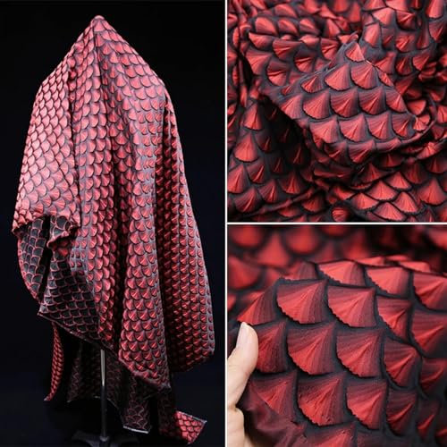 LAUOFSHA 100 % Polyester, 3D-geprägt, rote Schuppen, Brokat-Satin-Stoff, gewellte Textur, Jacquard, breite Kleidung, Kleidung, Mode, Designerstoff, DIY, Handwerk, Nähen, Patchwork