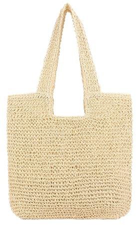 Generisch Korbtaschen Strohtaschen Damen Handtasche Geflochten mit ReißVerschluss Strohtasche Hohe KapazitäT Bast Tasche Damen für Arbeit Reise Outdoor(Beige)