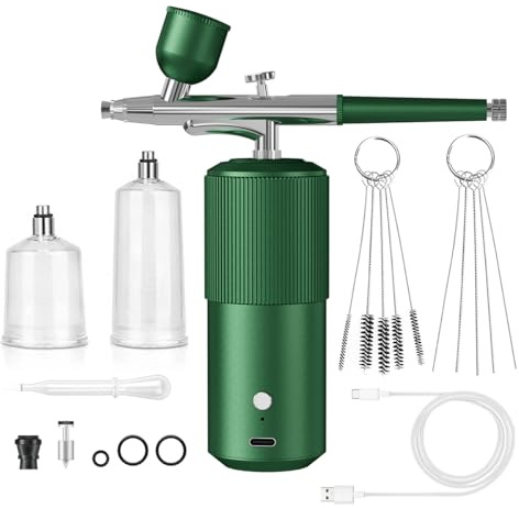 Ieron Kit de aerógrafo inalámbrico portátil con compresor, Boquilla de 0,3 mm, Ideal para Maquillaje, decoración de uñas, decoración de Pasteles, Pintura de Modelos (Verde)