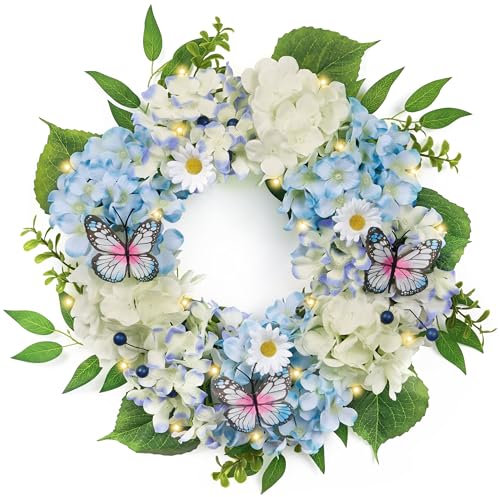 Valery Madelyn Spring Wreaths for Front Door with Lights, Silk Blue White Hydrangeas Floral Summer Wreath with Eucalyptus Leaves Butterfly for Home Porch Window Wedding Arch-18''