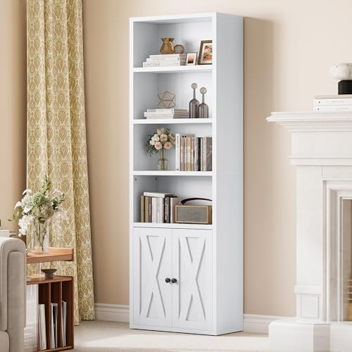 YITAHOME Librería, Estanterías Independientes con Armario, Estantes Industriales, Estante de Almacenamiento, Estante de Madera, Gabinete Alto para Sala de Estar Cocina Oficina en Casa, Blanco