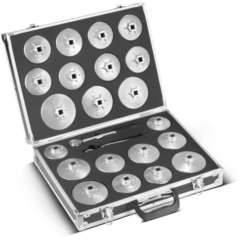 STAHLWERK Ölfilterschlüssel Set 23-teilig Ölwechselwerkzeug-Satz mit Ölfilterkappen-Satz aus Aluminium, Umschaltknarre und Ringschlüssel | Ölkappenschlüssel | Kfz-Spezialwerkzeug für Ölwechsel