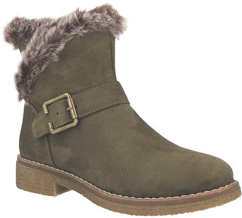 Cushion Walk Ladies' Faux Suede Faux Fur Lined Buckle Detail Winter Ankle Boots (Olive, UK Footwear Size System, Adult, Women, Numeric, Medium, 6)