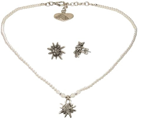 Alpenflüstern Trachtenschmuck-Set Filigran Perlen-Trachtenkette und Trachten-Ohrstecker Strass-Edelweiß - Damen-Trachten-Schmuck antik-gold-farben, Trachtenset (creme-weiß) SET061