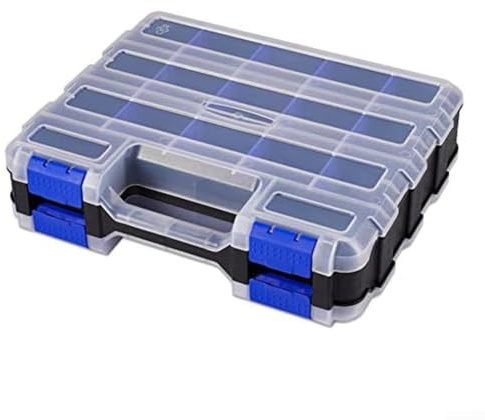Caja organizadora de herramientas de doble cara con 34 compartimentos extraíbles y tapa, caja de plástico PP para tornillos, tuercas, pernos y objetos pequeños, color azul