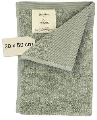 Jean & Len Gästehandtuch aus 100% Bio-Baumwolle, 30x50 cm | in der Farbe Salbei, mit Aufhänger, Oeko-TEX und GOTS Zertifiziert, Markenlabel aus veganem Leder, Gästehandtücher