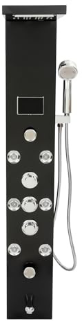 Panneau de douche LED, noir, avec pluie, cascade, 8 jets de massage et douchette, système de douche en acier inoxydable avec thermostat, colonne de douche murale, avec hauteur de 114 cm et tuyau de