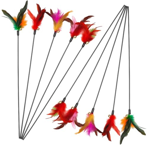 RQcMid 10 Stück Katzenangel Feder, Katzenspielzeug Angel mit Federspielzeugen, 40 cm Länge, für interaktives Spiel und Bewegung, Kätzchen Und Katzen,Katzenspielzeug