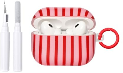 Reownest Kompatible für AirPods Pro 3 Hülle mit Reinigungsset, Süßes Striped Muster Gestreifte Ästhetische Design, Stoßfeste und Kratzfeste TPU Schutzhülle mit Schlüsselanhänger Frauen Mädchen-Rot