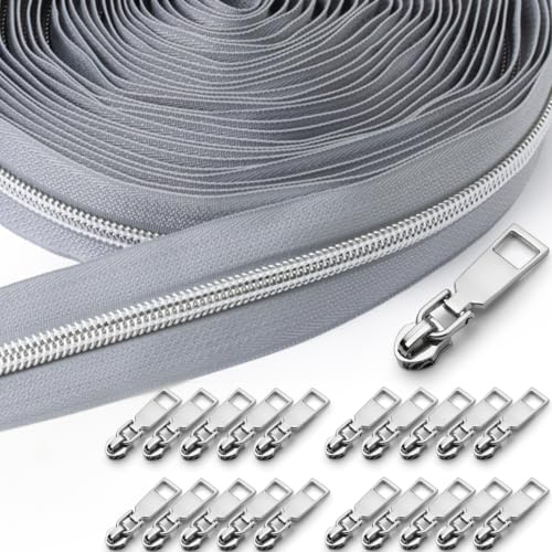 Sonekin 15 M Endlosreißverschluss mit Zipper (Grau + Silber) | Einfach zu Montieren, Leichtgängig, Einfach zu Vernähen, Auf die Gewünschte Länge Zuschneidbar, Exquisite Verarbeitung