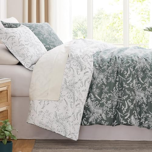 Southshore Fine Living, Inc. Comforter Set Queen Size, Hotel Quality Bedding, Floral Bed Spread with Matching Shams, Reversible Print is 2 Colors in 1, Fits Queen & Full Beds, Winter Brush Green/White