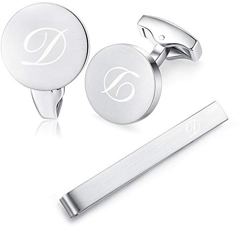 HONEY BEAR Manschettenknöpfe Krawattennadel Set Initialen Buchstabe Herren Edelstahl Hochzeit Cufflinks Manschettenknopf Silber (D Set)