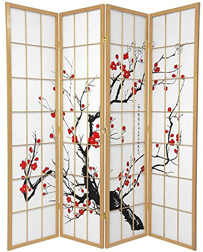 Fine Asianliving Japanischer Paravent Raumteiler Trennwand B180xH180cm 4 Paneele Natur - Kirschblüten