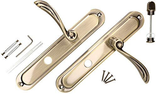KOTARBAU® Juego de manillas para puerta ZnAl, Manilla con pestillo para baño, 72 mm, Manijas de puerta de placa larga, 2 Manetas, Manillas para puerta interior, Picaportes acabado cuero, Oro viejo