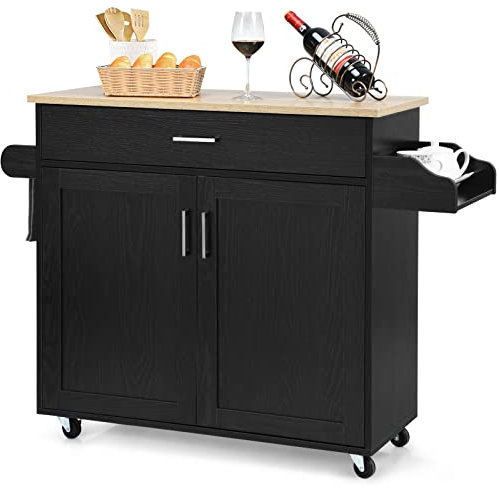 GIANTEX Küchenwagen mit Arbeitsplatte, Küchenschrank mit Rollen, bewegliche Kücheninsel Holz, Servierwagen Küchenrollwagen Rollwagen mit Schublade, Küchentrolley 116 x 40 x 85 cm, Schwarz