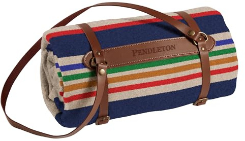 Pendleton National Park Throw with Leather Carrier 54 x 72 - Premium Wool Throw, Iconic Stripes, Durable Blanket for Home & Outdoor Adventures - Yellowstone