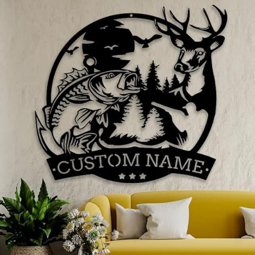 Personalisierte Hirsch Angeln Sonnenuntergang Metall Wandkunst Outdoor Jagd Wanddekoration, benutzerdefinierte Jäger Namensschild Willkommensschild Elch Figuren Rustikale Kabine Dekor Geweih