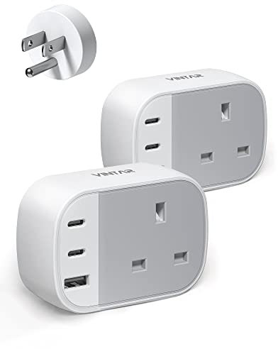 UK to US Plug Adaptor, VINTAR USA Travel Adapter with 2 USB C 1 USB A Ports, UK to USA Plug Adapter, American Plug Adapter UK to US for USA Mexico Canada Thailand and More (Type B),2 Packs