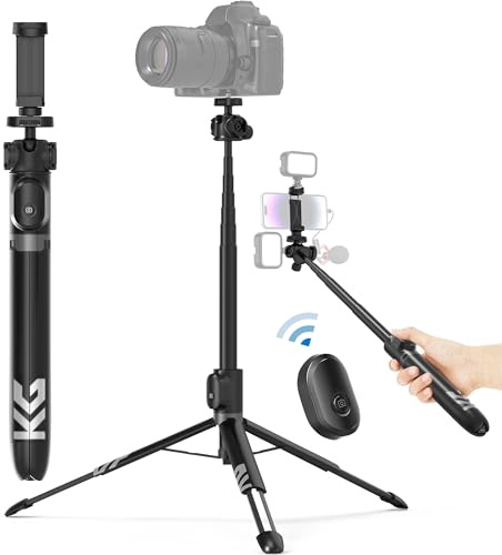 KraftGeek 60 Vlogging Phone Tripod Stand, Extendable Selfie Stick for iPhone and Android, Wireless Remote, 1/4 Screw Mount, 3 Cold Shoe, Portable Phone Stand Tripod for Video Recording and Photo