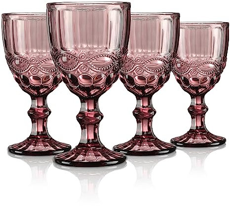 Joeyan Viola Vintage Bicchiere da Vino Vetro con Sollievo,Colorato Bicchieri da Vino Bianco per Cocktail Cava Acqua,300 ml,Set da 4 Pezzi,Lavabile in Lavastoviglie