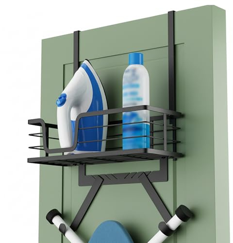 KES Over Door Ironing Board Hanger with Metal Basket and Adjustable Hooks, Ironing Board Holder Fits 44MM Thickness Door Y-Leg & T-Leg Matte Black,HIR501B-BK