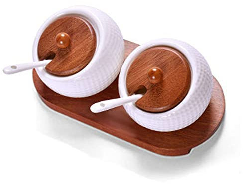 Condiment Containers - Stylish Marble Condiment Container Pots With Acacia Wood Lid And Bamboo Spoon,Round Salt Cellar Box Bowl,Sugar Container,Food Storage Spice Jar-10 * 10 * 7(3.9 * 3.9 * 2.7inch)-
