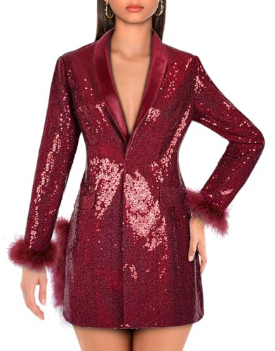 Women Sequin Jacket Long Sleeved Slim Blazer with Pocket(Z3519RD,XL)